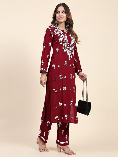 Fizaa Chikankari Long Modal Kurta Set - Maroon